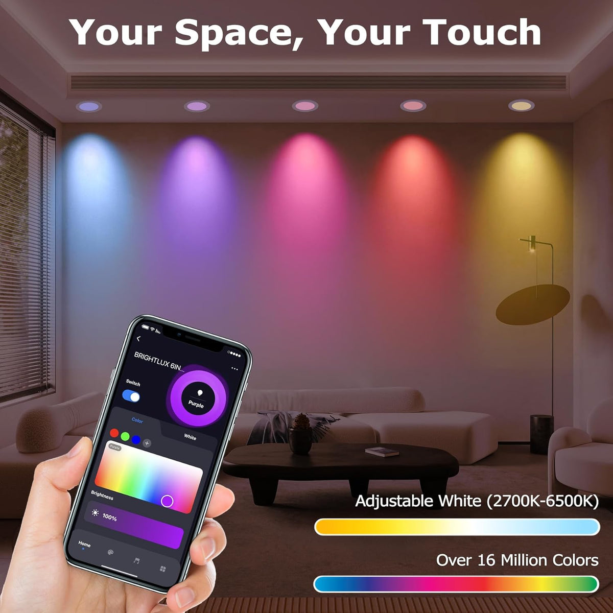 6 Pack Smart RGB TW Recessed Lighting 6 Inch Color Changing (2700K-6500K) 12W Downlight, 1000 Lumen LED Wafer Light,Damp Location with J-Box Work and Wire Nuts, ETL
