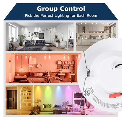 6 Pack Smart RGB TW Recessed Lighting 6 Inch Color Changing (2700K-6500K) 12W Downlight, 1000 Lumen LED Wafer Light,Damp Location with J-Box Work and Wire Nuts, ETL